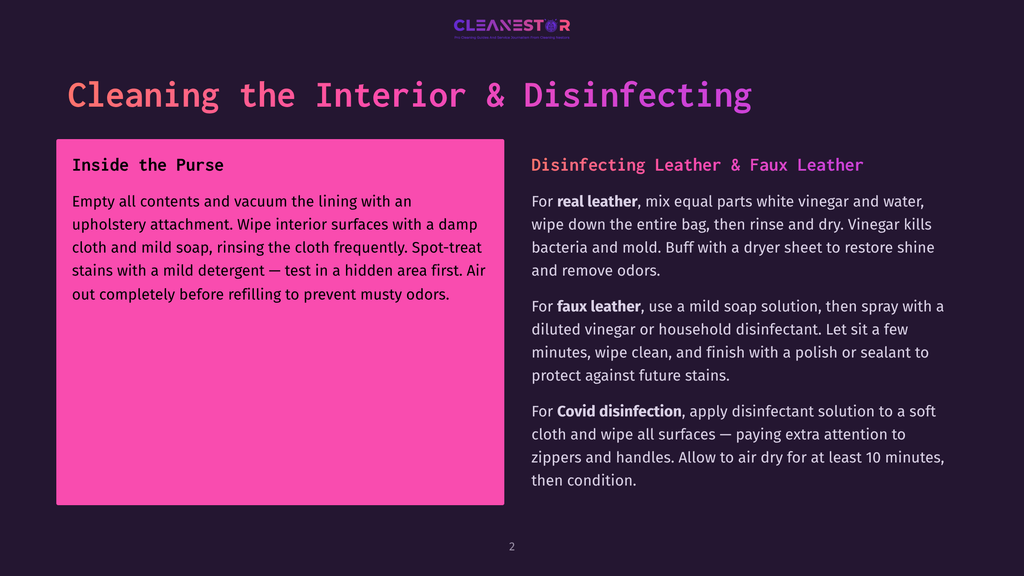 Text On A Dark Background: &Quot;Cleaning The Interior &Amp; Disinfecting&Quot; With Instructions For Cleaning A Purse And Disinfecting Leather And Faux Leather.