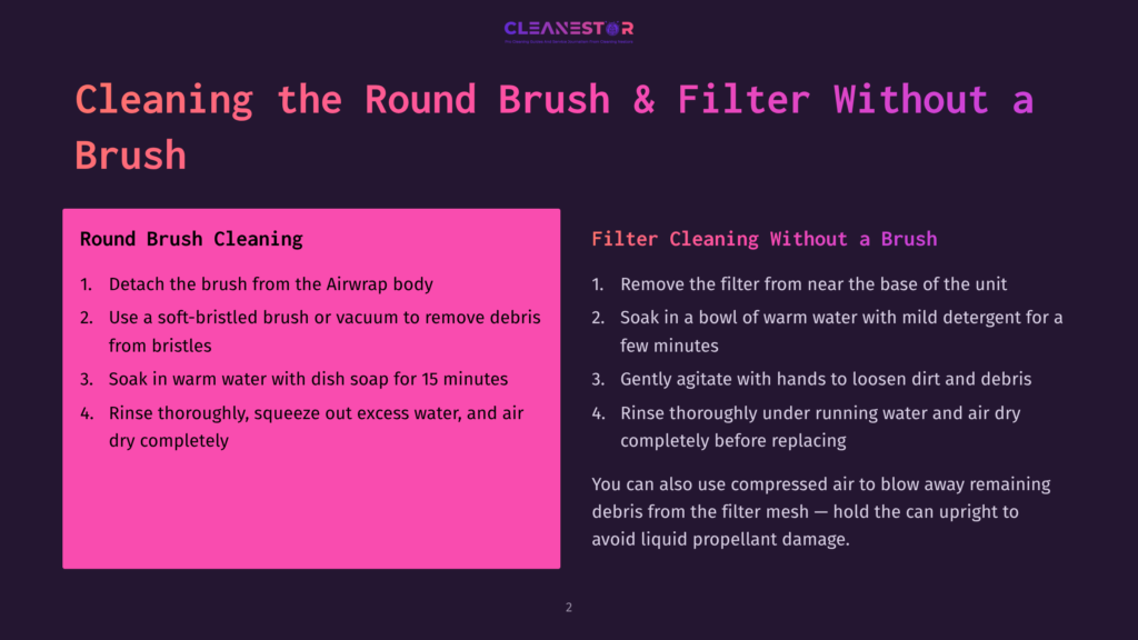 Instructions For Cleaning A Round Brush And Filter Without A Brush, With Step-By-Step Guides For Both.