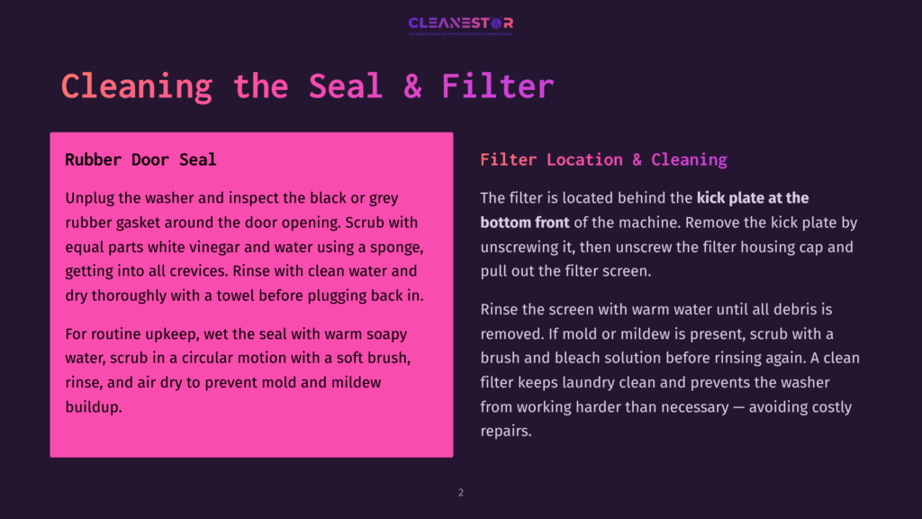 Infographic With Text Titled &Quot;Cleaning The Seal &Amp; Filter.&Quot; Left Side Details Cleaning The Rubber Door Seal With Vinegar And Water. Right Side Explains Filter Location And Cleaning, Showing A Filter Behind The Front Of A Washing Machine.