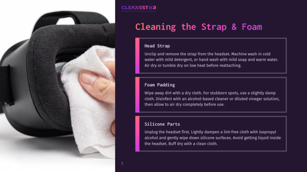 Close-Up Of A Hand Gently Wiping A Vr Headset'S Foam Padding With A White Microfiber Cloth, With Text Overlay Detailing Cleaning Instructions For Vr Headset Straps And Foam.