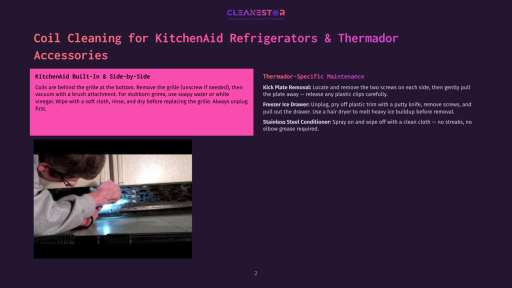 2 Coil Cleaning For Kitchenaid Refrigerators And Thermador Accessories Close-Up Of A Technician'S Hands Cleaning The Interior Of A Refrigerator, Using A Small Brush And Tool To Remove Debris And Grime From The Appliance'S Components.