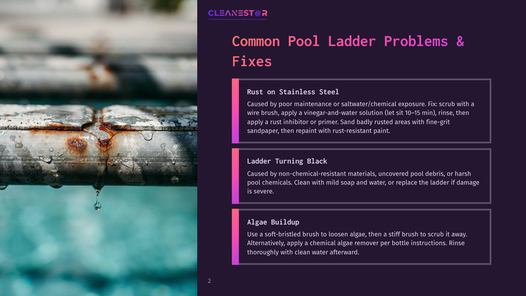 Close-Up Of A Rusty Pool Ladder With Water Droplets Falling, Next To A Pool. The Image Is Overlaid With Text From A &Quot;Cleanestor&Quot; Presentation Slide Titled &Quot;Common Pool Ladder Problems &Amp; Fixes,&Quot; Detailing Rust On Stainless Steel, Ladder Turning Black, And Algae Buildup.