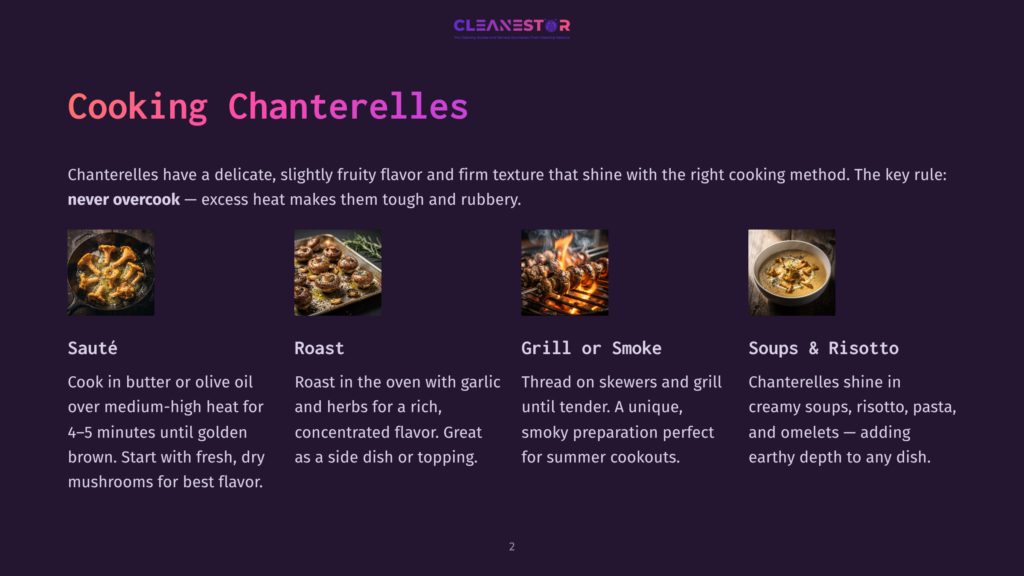 Four Images Showcase Chanterelle Mushroom Preparations: Sautéed Chanterelles In A Pan, Roasted Chanterelles With Herbs, Grilled Chanterelles On Skewers, And Creamy Chanterelle Soup With Risotto.