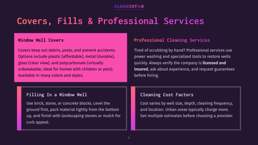 2 Covers Fills And Professional Services A Presentation Slide Titled &Quot;Covers, Fills &Amp; Professional Services&Quot; With Sections On &Quot;Window Well Covers,&Quot; &Quot;Filling In A Window Well,&Quot; &Quot;Professional Cleaning Services,&Quot; And &Quot;Cleaning Cost Factors.