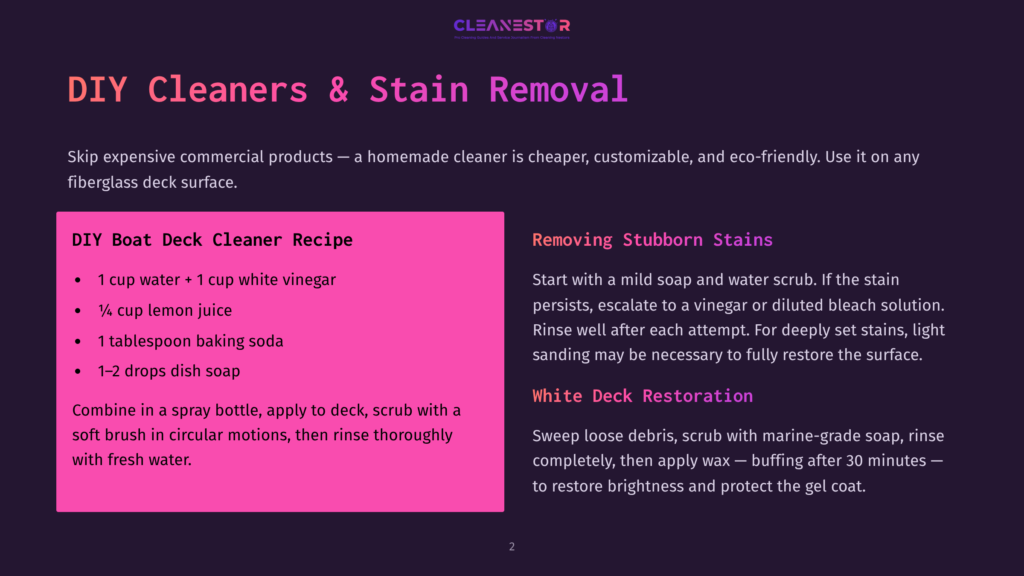 Diy Boat Deck Cleaner Recipe And Stubborn Stains Removal Guide: &Quot;Diy Cleaners &Amp; Stain Removal&Quot; Title With Instructions For Making A Cleaner With White Vinegar And Lemon Juice, And Tips For Removing Stubborn Stains With Vinegar Or Gel Coat.