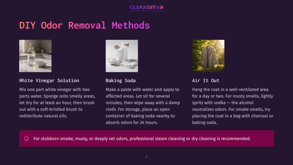 Three Diy Odor Removal Methods: White Vinegar Solution In A Bottle And Sponge, Baking Soda In A Bowl, And A Coat Airing On A Clothesline With A Bottle Of Vodka Nearby.