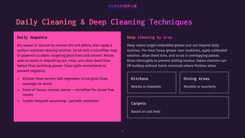 Presentation Slide Titled &Quot;Daily Cleaning &Amp; Deep Cleaning Techniques&Quot; With Sections On Daily Sequence, Deep Cleaning By Area (Kitchens, Dining Areas, Carpets), And Cleaning Tips.