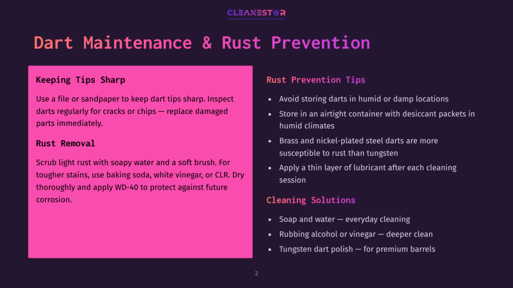Dark Purple Slide With &Quot;Dart Maintenance &Amp; Rust Prevention&Quot; Title. Sections On &Quot;Keeping Tips Sharp&Quot; And &Quot;Rust Removal&Quot; With Bullet Points. &Quot;Rust Prevention Tips&Quot; And &Quot;Cleaning Solutions&Quot; Sections On The Right.