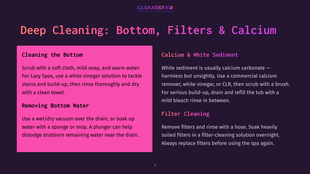 2 Deep Cleaning Bottom Filters And Calcium A Dark Purple Slide With Pink Text Overlays Detailing How To Clean A Hot Tub. Sections Include &Quot;Cleaning The Bottom,&Quot; &Quot;Removing Bottom Water,&Quot; &Quot;Calcium &Amp; White Sediment,&Quot; And &Quot;Filter Cleaning.