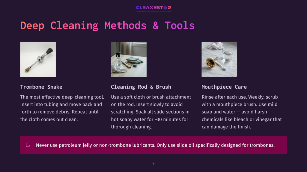 Three Trumpet Cleaning Tools: A Snake-Like Cleaning Rod, A Brush With A Cloth, And A Mouthpiece Brush With A Mouthpiece In A Glass Of Water. Text Reads: &Quot;Deep Cleaning Methods &Amp; Tools,&Quot; &Quot;Trombone Snake,&Quot; &Quot;Cleaning Rod &Amp; Brush,&Quot; And &Quot;Mouthpiece Care.