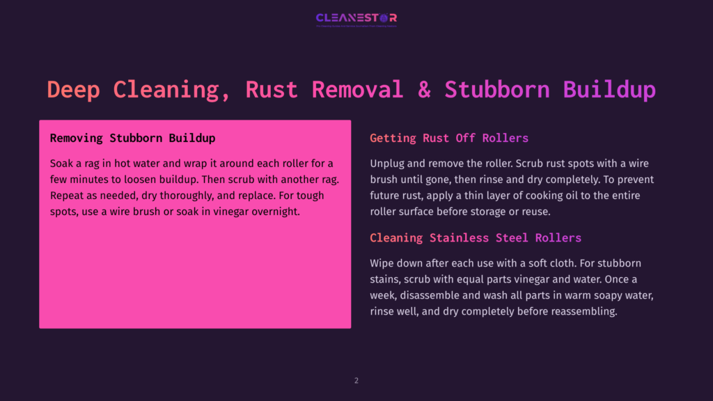 Deep Cleaning, Rust Removal &Amp; Stubborn Buildup: Instructions For Cleaning Rollers With A Rag, And Cleaning Stainless Steel Rollers With A Soft Cloth And Oil.