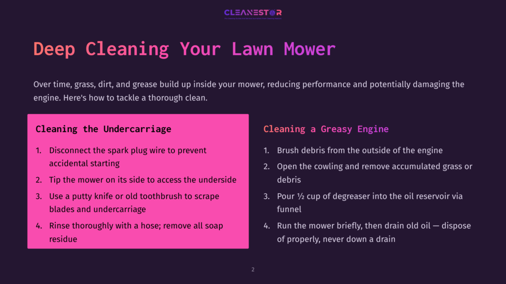 Deep Cleaning Your Lawn Mower: Steps For Cleaning The Undercarriage And A Greasy Engine. Text Details How To Disconnect The Spark Plug, Clean The Deck, And Degrease The Engine.
