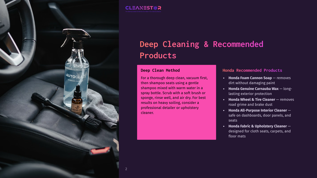 2 Deep Cleaning And Recommended Products Cleanestor Deep Cleaning &Amp; Recommended Products Page Showing An Interior Car Cleaning Spray Bottle And Brush, With Text Detailing Deep Cleaning Methods And Recommended Products Like Honda Foam Cannon Soap And Honda Wheel &Amp; Tire Cleaner.