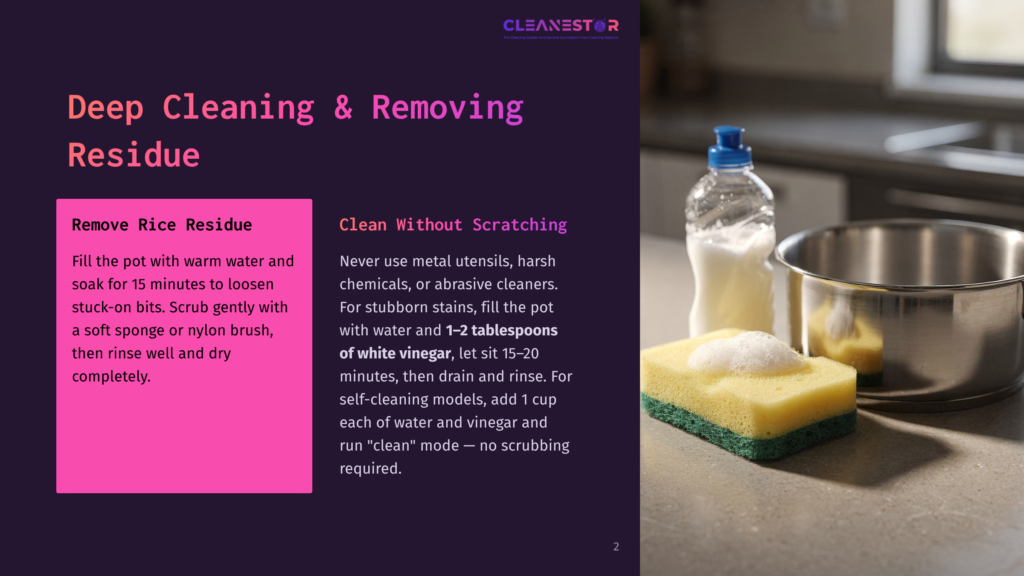 2 Deep Cleaning And Removing Residue A Yellow And Green Sponge With Soap Suds Sits Next To A Stainless Steel Pot And A Bottle Of Dish Soap On A Kitchen Counter, Illustrating Cleanestor'S Deep Cleaning Tips.