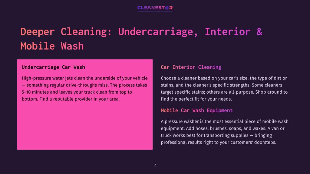 Deeper Cleaning: Undercarriage, Interior &Amp; Mobile Wash. Pink Section Details Undercarriage Car Wash. Darker Section Details Car Interior Cleaning And Mobile Car Wash Equipment.