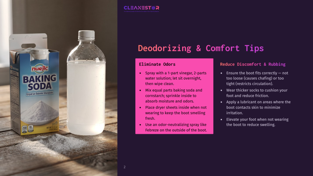 A Box Of Baking Soda Next To A Bottle Of Vinegar, With Text Overlay Detailing Deodorizing And Comfort Tips For Footwear, Including Using Baking Soda And Vinegar.