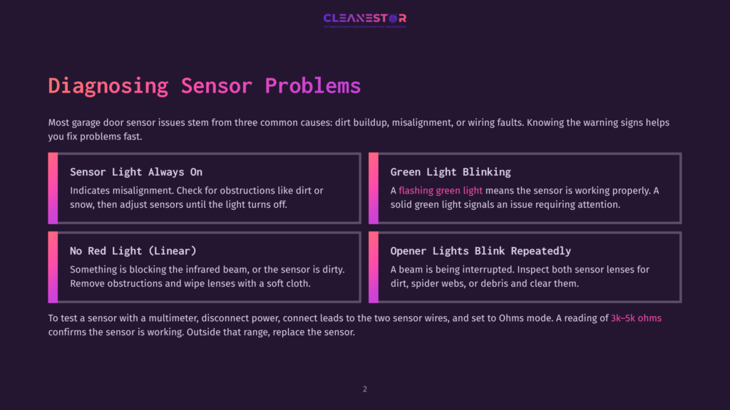 Infographic Titled &Quot;Diagnosing Sensor Problems&Quot; For Garage Doors, Detailing Issues Like &Quot;Sensor Light Always On,&Quot; &Quot;Green Light Blinking,&Quot; &Quot;No Red Light (Linear),&Quot; And &Quot;Opener Lights Blink Repeatedly,&Quot; With Troubleshooting Tips.