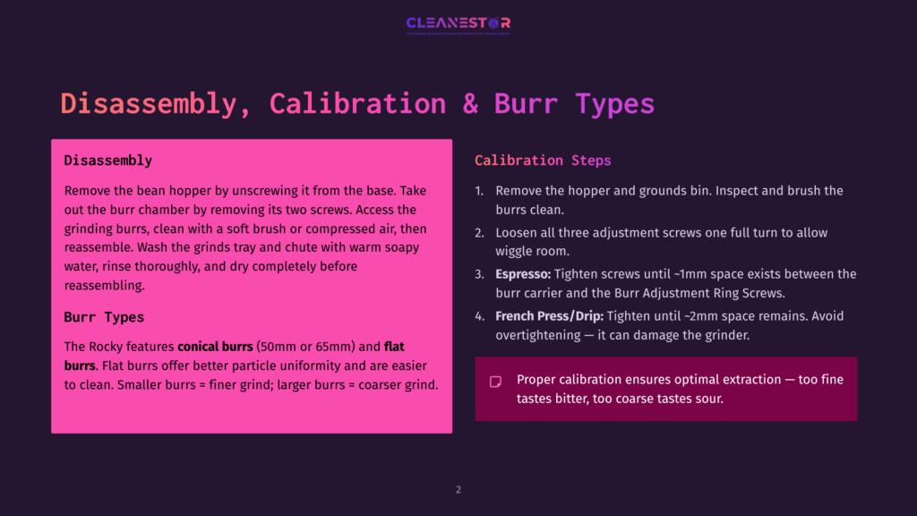 2 Disassembly Calibration And Burr Types Dark Purple Background With Pink Text Boxes Detailing Coffee Grinder Disassembly And Calibration Steps. The Left Box Is Titled &Quot;Disassembly&Quot; And &Quot;Burr Types,&Quot; While The Right Box Is Titled &Quot;Calibration Steps.