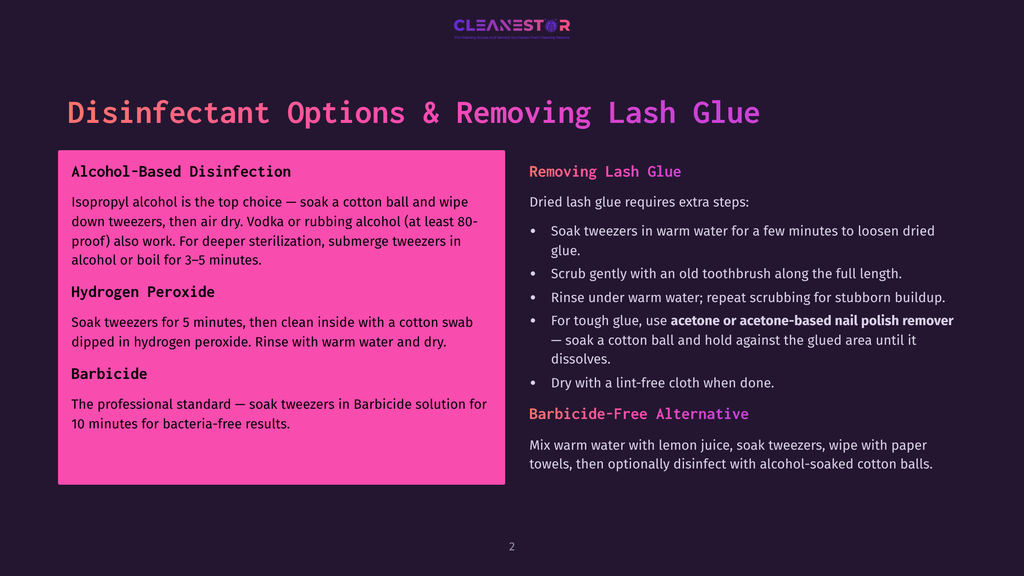 A Dark Background With A Pink Rectangle On The Left Detailing &Quot;Disinfectant Options &Amp; Removing Lash Glue&Quot; With Sections On &Quot;Alcohol-Based Disinfection&Quot;, &Quot;Hydrogen Peroxide&Quot;, And &Quot;Barbicide&Quot;. The Right Side Has A Pink Rectangle Detailing &Quot;Removing Lash Glue&Quot; With Instructions.