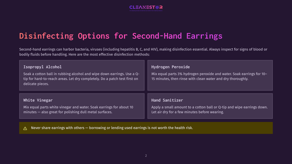 Graphic Illustrating Disinfecting Options For Second-Hand Earrings: Isopropyl Alcohol, Hydrogen Peroxide, White Vinegar, And Hand Sanitizer. Text Warns Against Sharing Or Lending Used Earrings.