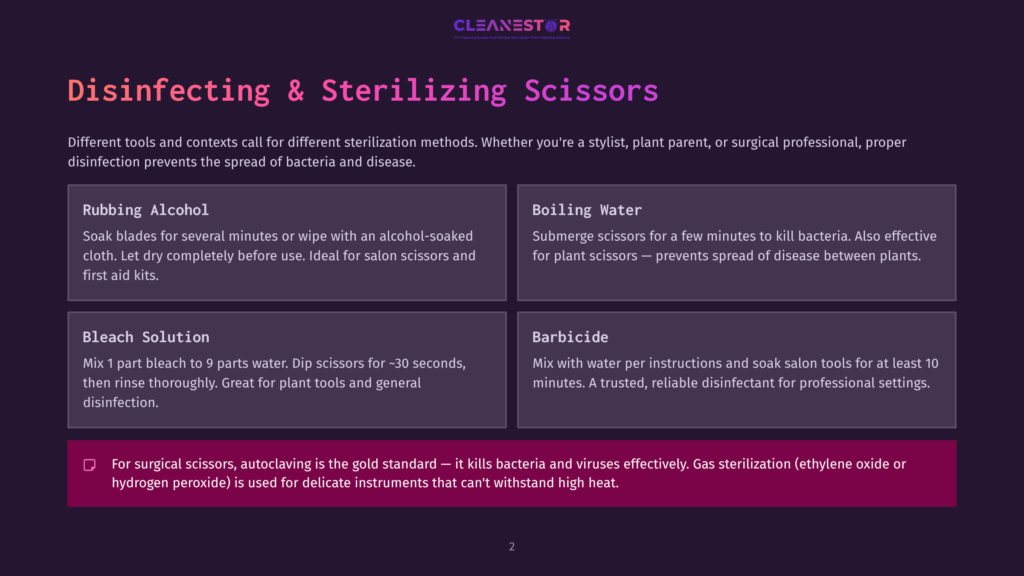 A Dark Purple Background With The Title &Quot;Disinfecting &Amp; Sterilizing Scissors&Quot; In Large, Bold White And Pink Text. Below Are Four Boxes Detailing Methods: Rubbing Alcohol, Boiling Water, Bleach Solution, And Barbicide, With A Pink Bar At The Bottom About Autoclaving.