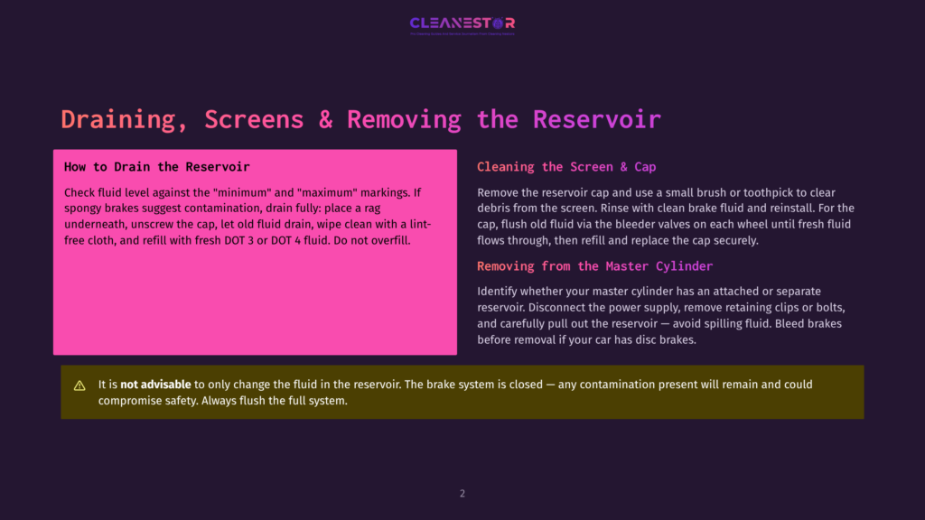 A Dark Purple Slide Titled &Quot;Draining, Screens &Amp; Removing The Reservoir&Quot; From Cleanestor Provides Instructions For Car Maintenance, Including How To Drain The Reservoir And Clean The Screen And Cap.