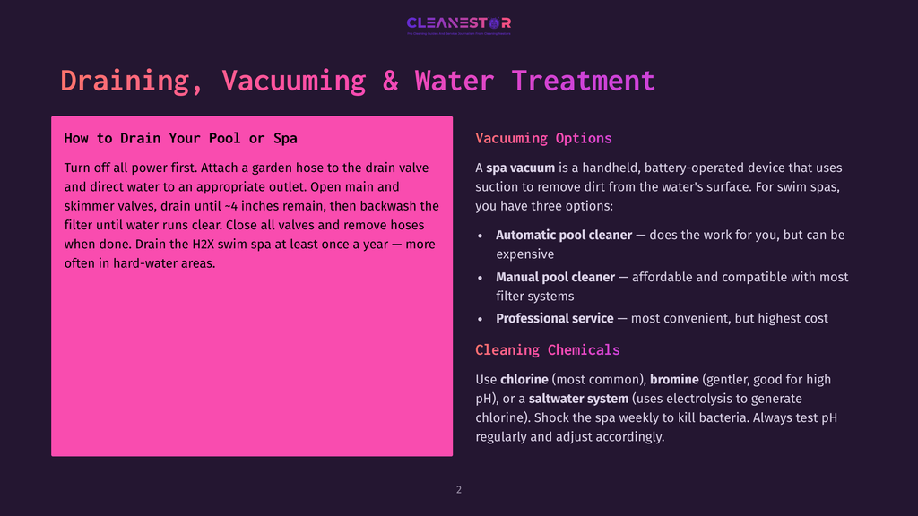 Slide Detailing Pool And Spa Draining, Vacuuming Options, And Water Treatment Chemicals. Features Text On How To Drain Your Pool Or Spa, Vacuuming Options Like Automatic Pool Cleaner And Professional Service, And Cleaning Chemicals Such As Chlorine And Bromine.