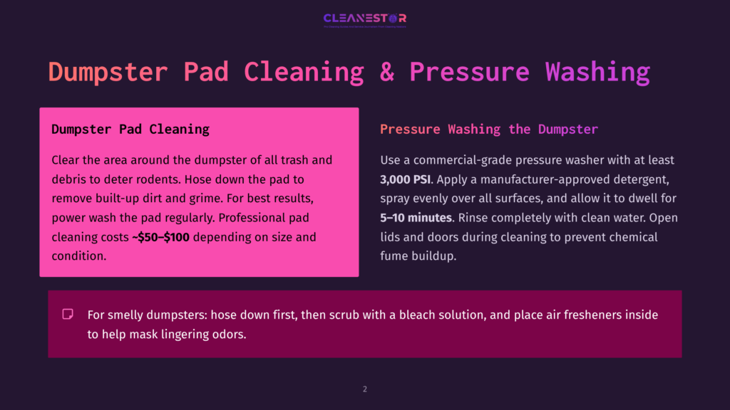 Dumpster Pad Cleaning &Amp; Pressure Washing Services: Clear Area Around Dumpsters, Remove Debris, Deter Rodents, And Power Wash Pads For $50-$100. Pressure Wash Dumpsters With 3,000 Psi And Clean Lids And Doors.