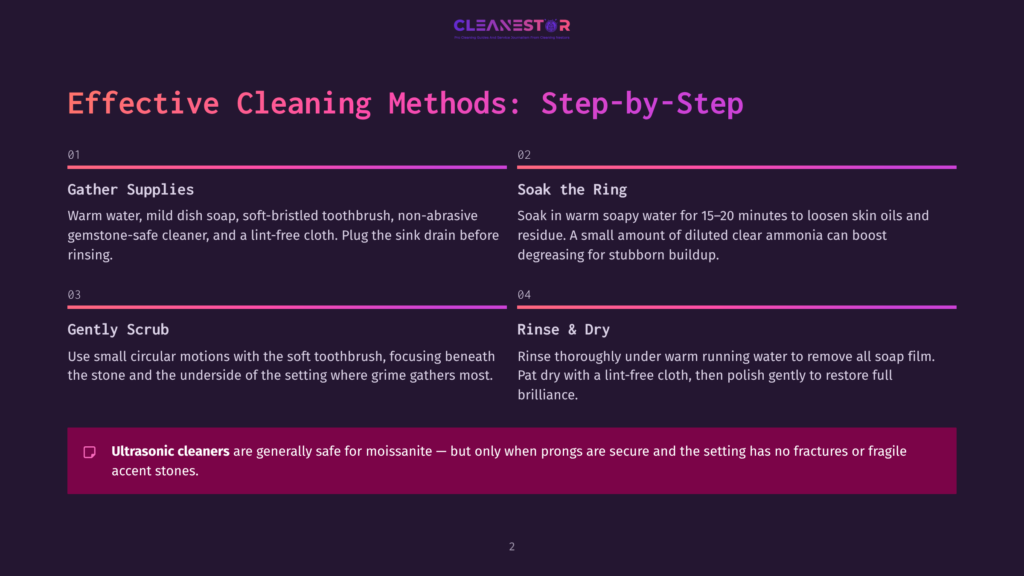 2 Effective Cleaning Methods Step By Step Cleanestor Graphic Detailing Effective Cleaning Methods For Jewelry: Gather Supplies, Soak The Ring, Gently Scrub, Rinse &Amp; Dry. Includes A Note About Ultrasonic Cleaners.