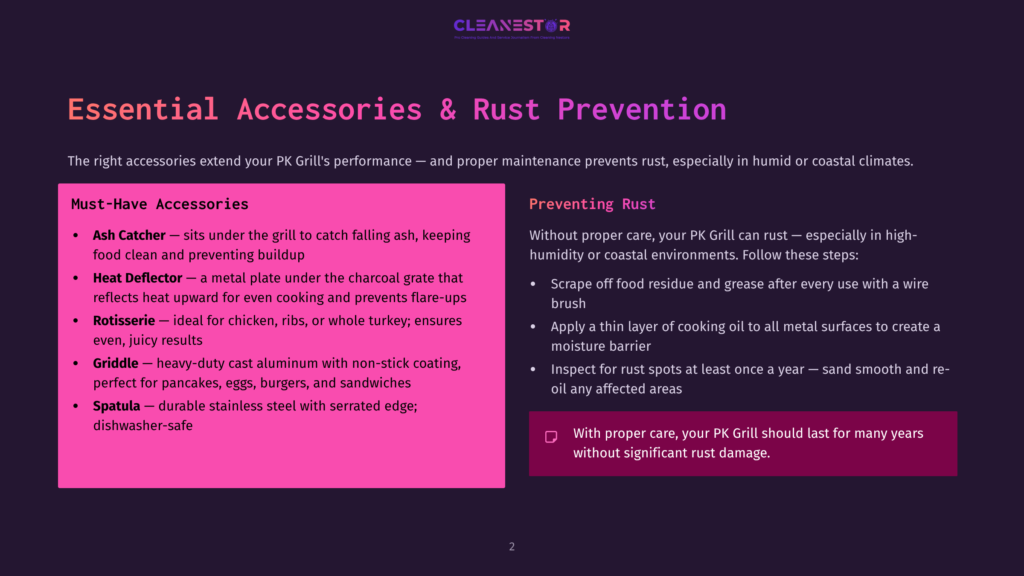 Essential Accessories &Amp; Rust Prevention For Pk Grills: Ash Catcher, Heat Deflector, Griddle, And Spatula Are Shown. Rust Prevention Tips Include Scraping Residue And Inspecting For Rust.