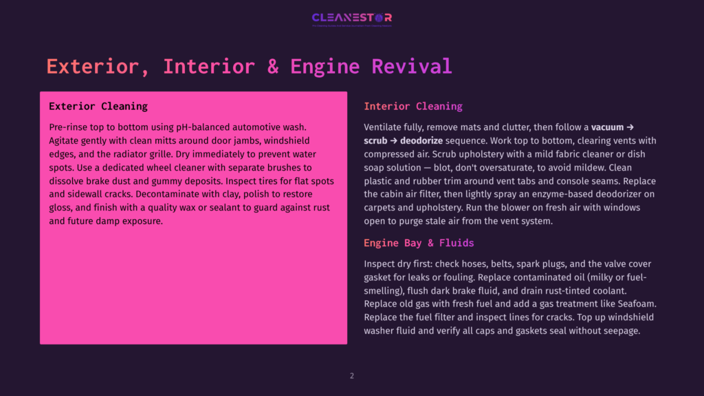 Text Overlaying A Pink Background Details Car Exterior, Interior, And Engine Cleaning Services. Exterior Cleaning Involves Ph-Balanced Washing, Wheel Cleaning, And Polishing. Interior Cleaning Includes Vacuuming, Upholstery Cleaning, And Vent Cleaning. Engine Cleaning Focuses On Fluid Checks And Inspections.