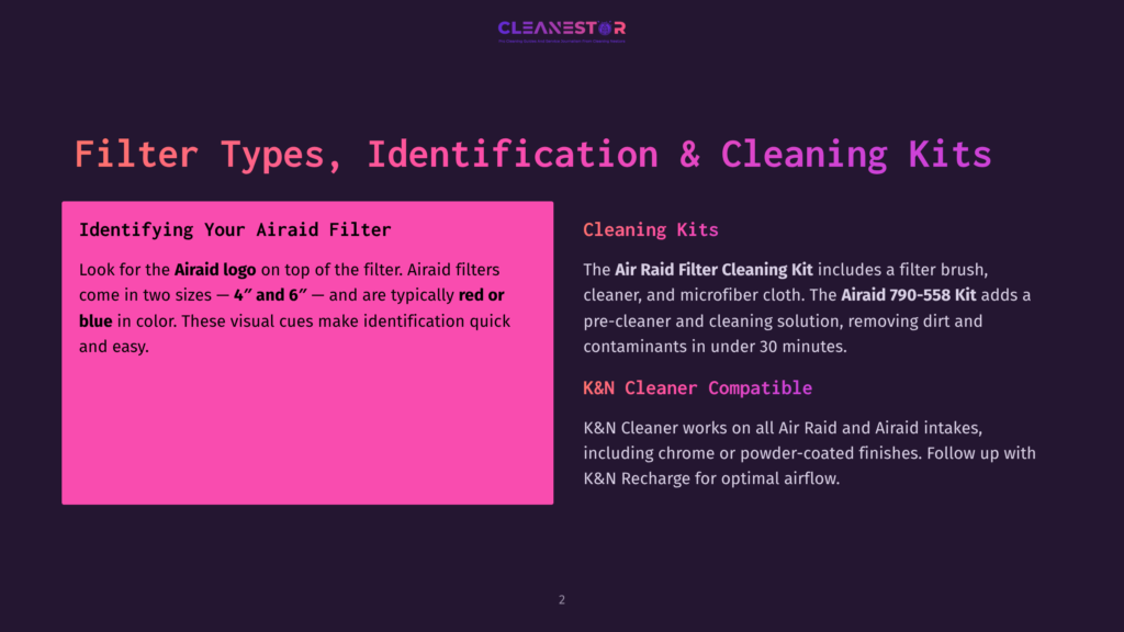 A Dark Purple Slide With The Title &Quot;Filter Types, Identification &Amp; Cleaning Kits&Quot; And The Cleanestor Logo. The Left Side Details &Quot;Identifying Your Airaid Filter&Quot; With Text About Airaid Filter Colors. The Right Side Details &Quot;Cleaning Kits&Quot; Mentioning Airaid Filter Cleaning Kits And K&Amp;N Cleaner Compatibility.