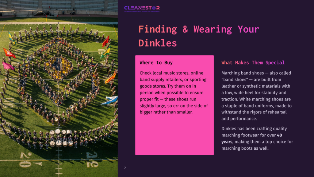 2 Finding And Wearing Your Dinkles A Marching Band Forms The Shape Of A Giant &Quot;G&Quot; On A Football Field, With Band Members In Uniform And Instruments Visible. The Cleanestor Logo Is At The Top.