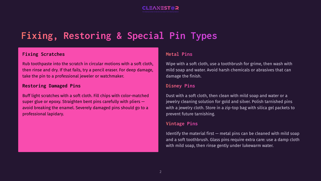 A Dark Purple Background With Pink Text Boxes. The Left Box Is Titled &Quot;Fixing Scratches&Quot; And &Quot;Restoring Damaged Pins,&Quot; With Instructions. The Right Box Is Titled &Quot;Metal Pins,&Quot; &Quot;Disney Pins,&Quot; And &Quot;Vintage Pins,&Quot; With Instructions.