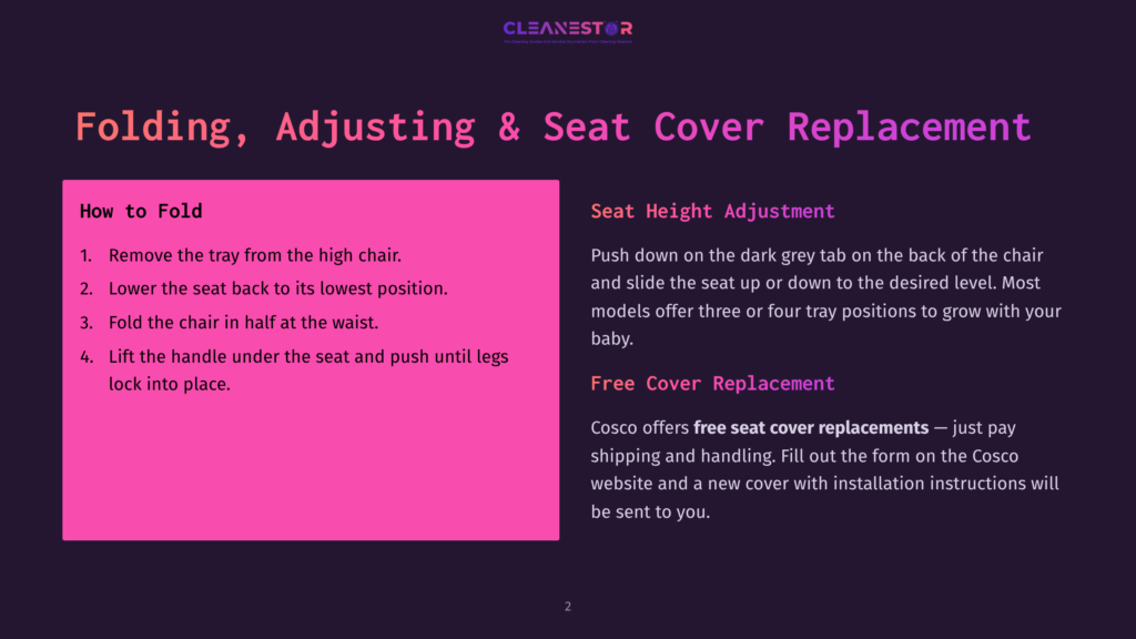 Presentation Slide Titled &Quot;Folding, Adjusting &Amp; Seat Cover Replacement&Quot; With Instructions For Folding A High Chair And Adjusting Seat Height.