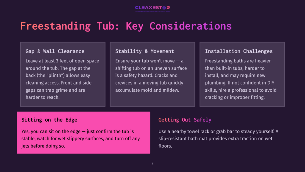 Freestanding Tub Key Considerations: Gap &Amp; Wall Clearance, Stability &Amp; Movement, Installation Challenges, Sitting On The Edge, And Getting Out Safely. Cleanestor Logo At The Top.