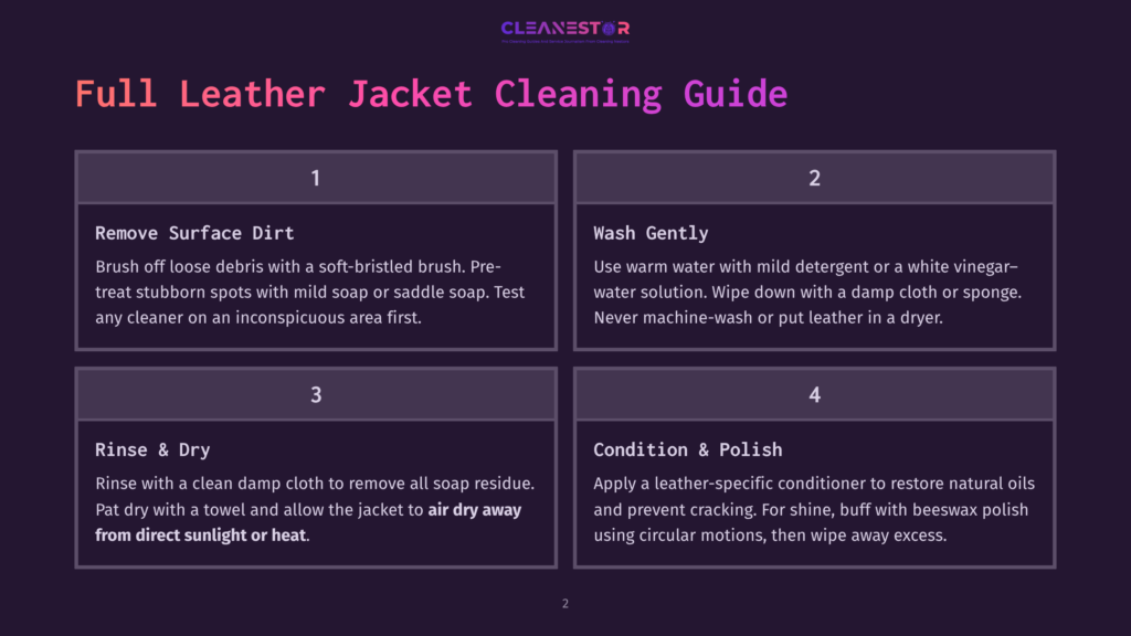 Full Leather Jacket Cleaning Guide Infographic With Four Steps: Remove Surface Dirt, Wash Gently, Rinse &Amp; Dry, And Condition &Amp; Polish. The Guide Includes Text Instructions And A Dark Purple Background.