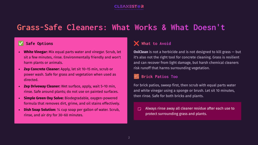 A Presentation Slide Titled &Quot;Grass-Safe Cleaners: What Works &Amp; What Doesn'T&Quot; Lists Safe Cleaning Options Like White Vinegar, Zep Concrete Cleaner, Zep Driveway Cleaner, Simple Green Oxy Solve, And Dish Soap Solution, Along With Warnings About Oxiclean And Brick Patios Too.