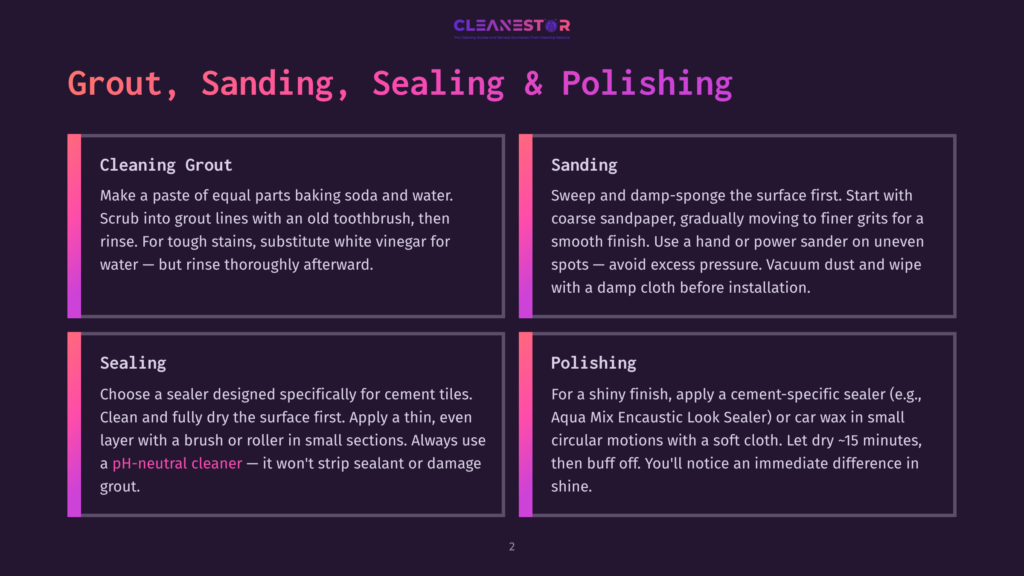 Four Panels Detailing Steps For Grout Cleaning, Sanding, Sealing, And Polishing. Each Panel Has A Title And Descriptive Text, With The Cleanestor Logo At The Top.