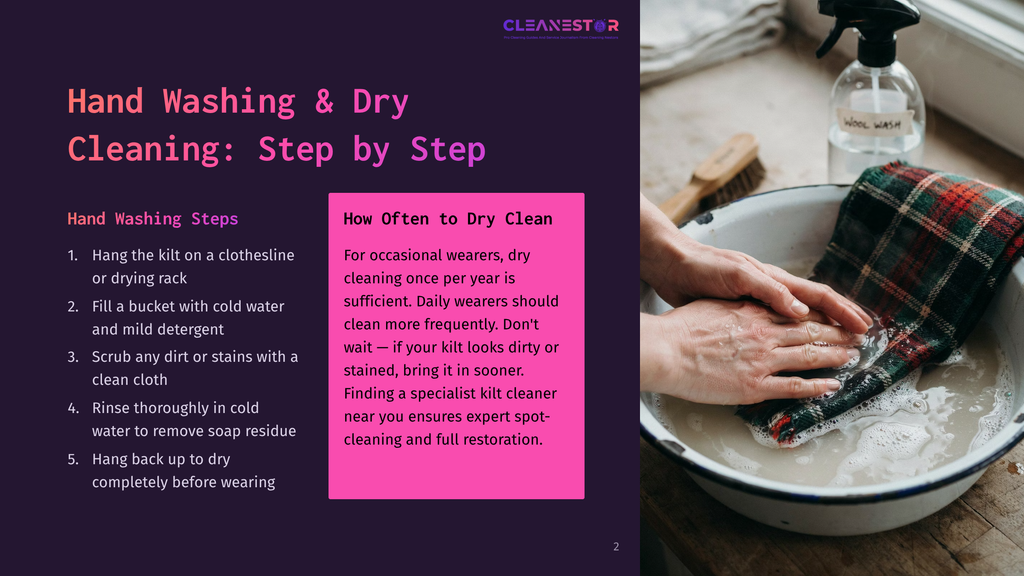 Close-Up Of Hands Gently Washing A Red, Green, And Blue Plaid Wool Kilt In A White Enamel Basin Filled With Soapy Water. Instructions For Hand Washing And Cleaning Kilts Are Visible On The Left.