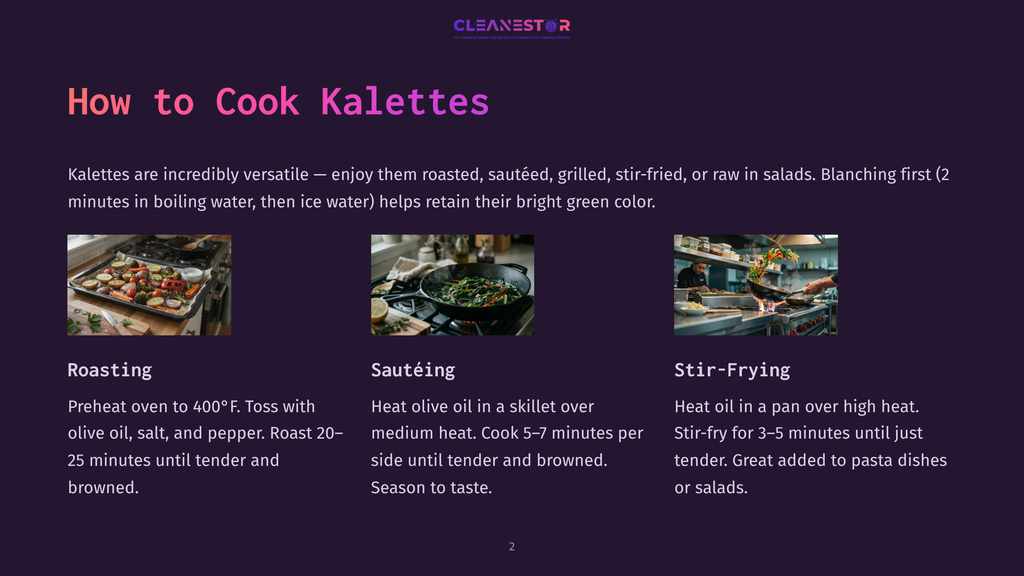 Three Images Showing Kalettes Being Prepared: Roasted On A Baking Sheet With Vegetables, Sautéed In A Pan With Garlic, And Stir-Fried With Pasta And Vegetables.