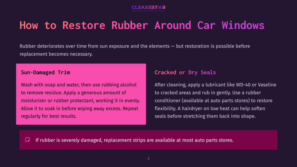 A Dark Background With A Purple Title &Quot;How To Restore Rubber Around Car Windows&Quot; And Text Detailing Cleaning And Restoration Methods For Sun-Damaged And Cracked Car Rubber Seals.