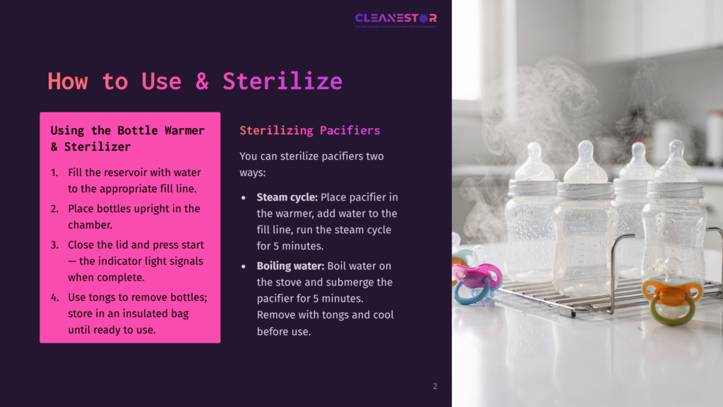 Steam Rises From Four Baby Bottles Being Sterilized In A Kitchen Appliance. Instructions For Bottle And Pacifier Sterilization Are Visible On The Left.