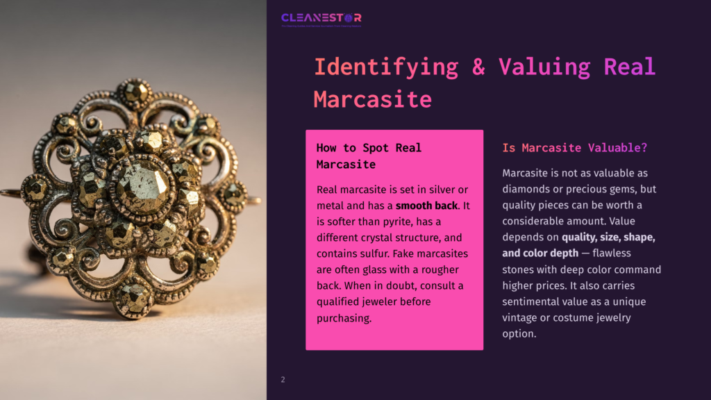 A Detailed Close-Up Of A Vintage Brooch Featuring A Central, Faceted Marcasite Stone Surrounded By Ornate Silver Metalwork. The Marcasite Has A Golden-Yellow Hue And A Textured Surface.