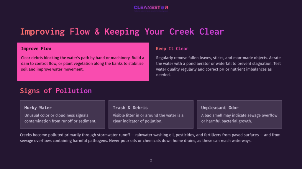 Graphic Titled &Quot;Improving Flow &Amp; Keeping Your Creek Clear&Quot; With Sections On &Quot;Improve Flow&Quot; And &Quot;Keep It Clear,&Quot; And &Quot;Signs Of Pollution&Quot; Detailing &Quot;Murky Water,&Quot; &Quot;Trash &Amp; Debris,&Quot; And &Quot;Unpleasant Odor.
