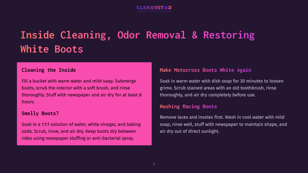 Graphic With Text: &Quot;Cleanestor&Quot;, &Quot;Inside Cleaning, Odor Removal &Amp; Restoring White Boots&Quot;. Instructions For Cleaning And Restoring White Boots.