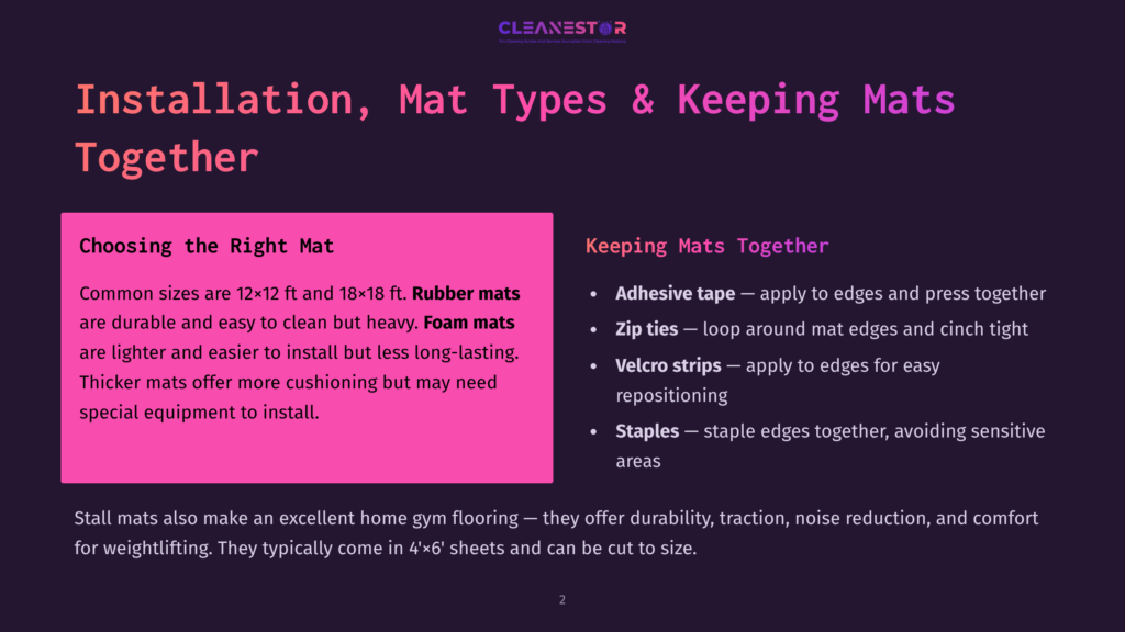 2 Installation Mat Types And Keeping Mats Together Image Features Text About Installing, Mat Types, And Keeping Mats Together. It Details Common Mat Sizes, Materials Like Rubber And Foam, And Methods For Securing Mats Such As Zip Ties And Velcro Straps.
