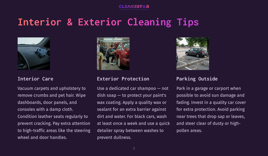 Interior Car Care With A Microfiber Cloth Cleaning A Dashboard, Exterior Car Protection With A Person Waxing A Red Car, And Parking Outside With A Gray Car Parked In A Sunny Lot.