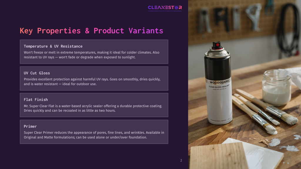A Can Of Woodguard Clear Gloss Sealant Sits Next To Paintbrushes And Wood Samples, With Text Detailing Product Properties Like Temperature &Amp; Uv Resistance And Uv Cut Gloss.
