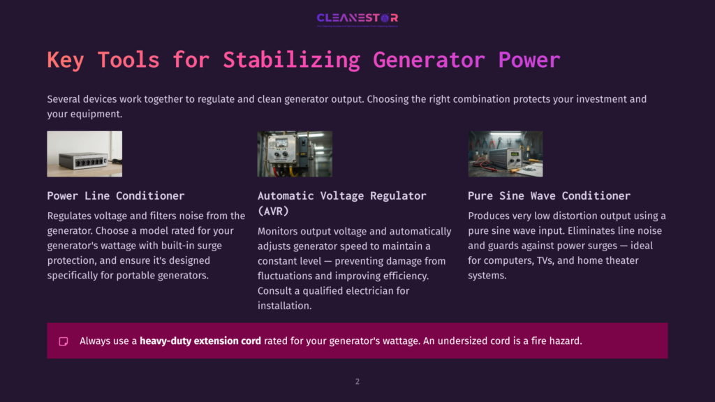Three Devices Are Pictured: A Power Line Conditioner With Multiple Outlets, An Automatic Voltage Regulator With Dials And A Screen, And A Pure Sine Wave Conditioner With A Digital Display. Text Reads &Quot;Key Tools For Stabilizing Generator Power.